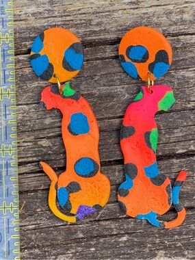 Colorful Handcrafted Leopard Spot Cat Dangle Earrings -